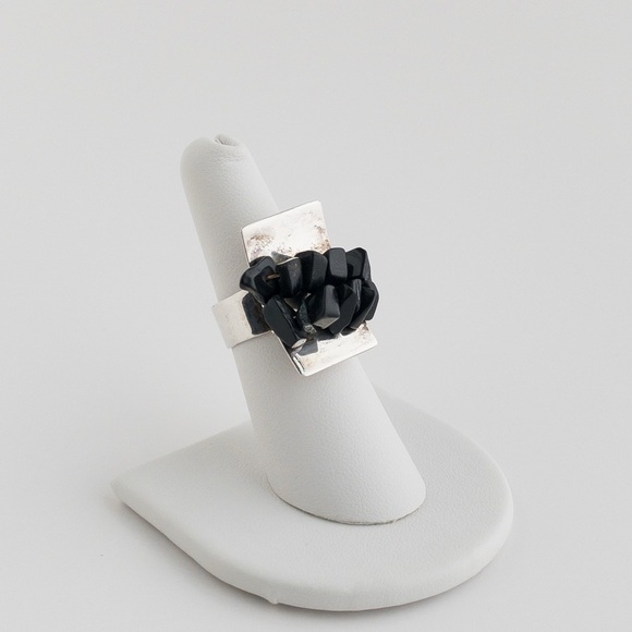 Vintage Jewelry - Vintage Modernist Sterling Silver Black Onyx Stone Chip Ring Handmade 925 Size 6